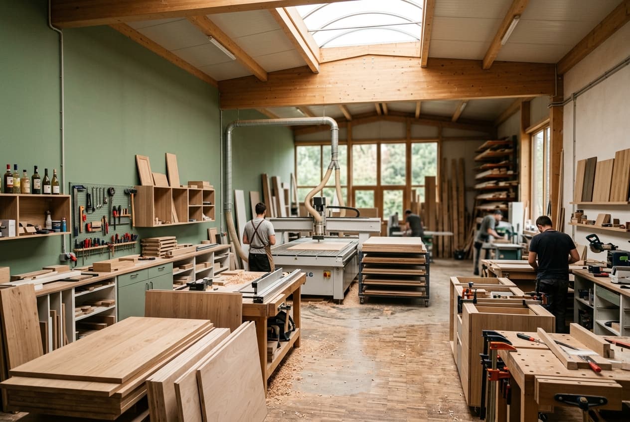 L'atelier de Capellen en plan large, CNC, lumière naturelle, copeaux au sol