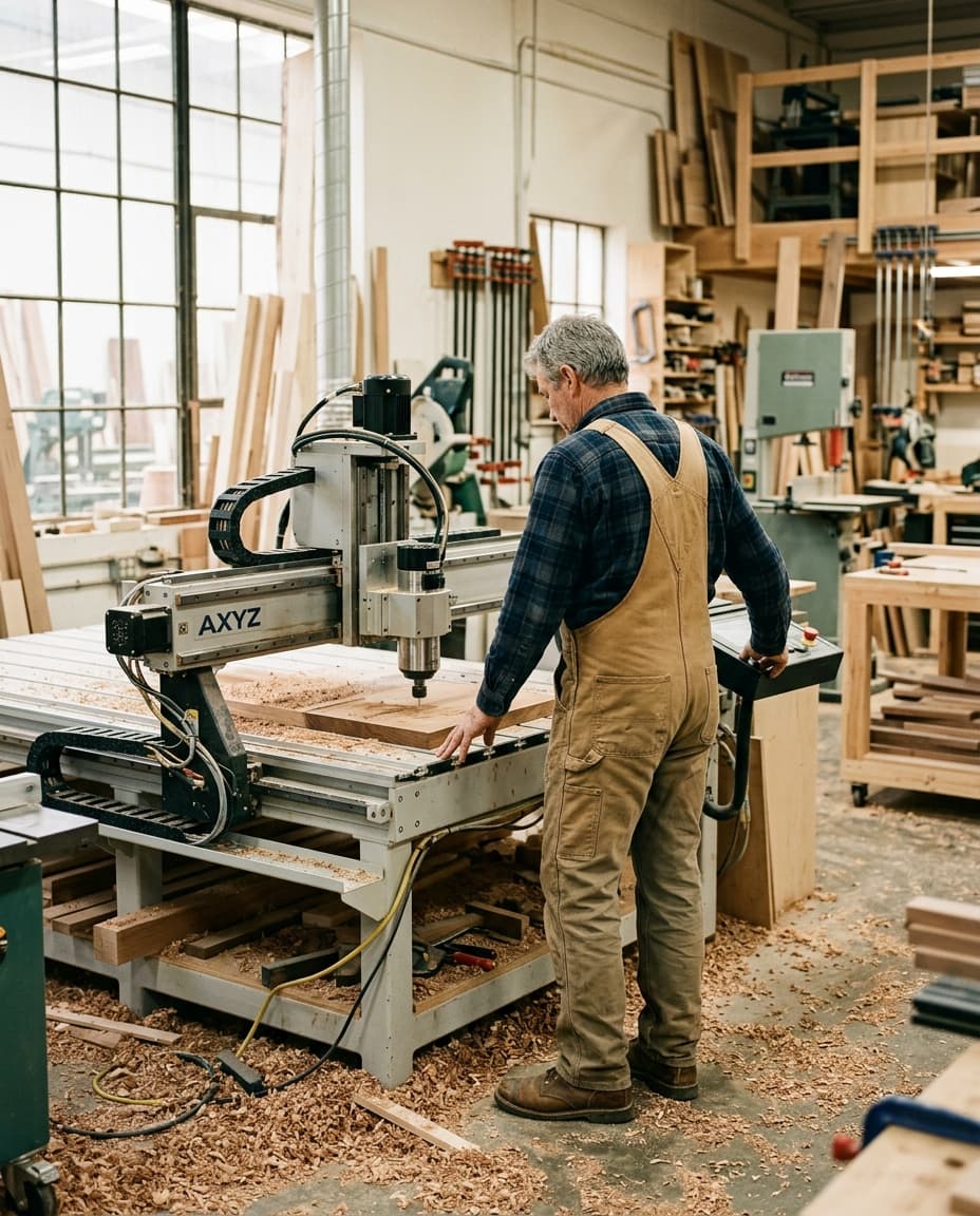 Tom Kremer découpant un plan de travail à la CNC dans son atelier de Capellen