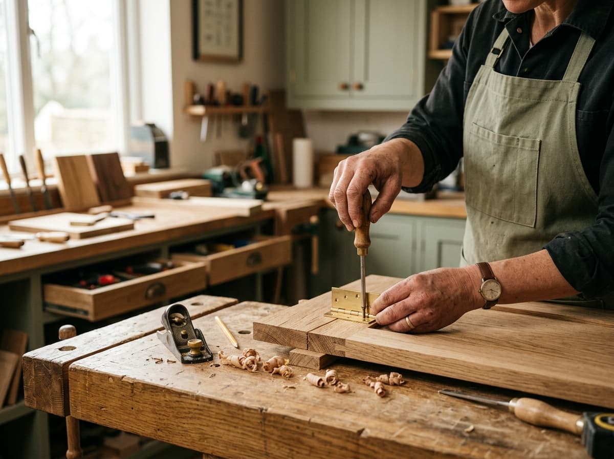 Menuisier Kremer assemblant un meuble de cuisine à l'atelier