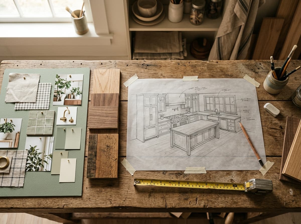 Aménagement de cuisine : croquis à main levée, plan 3D, échantillons de bois